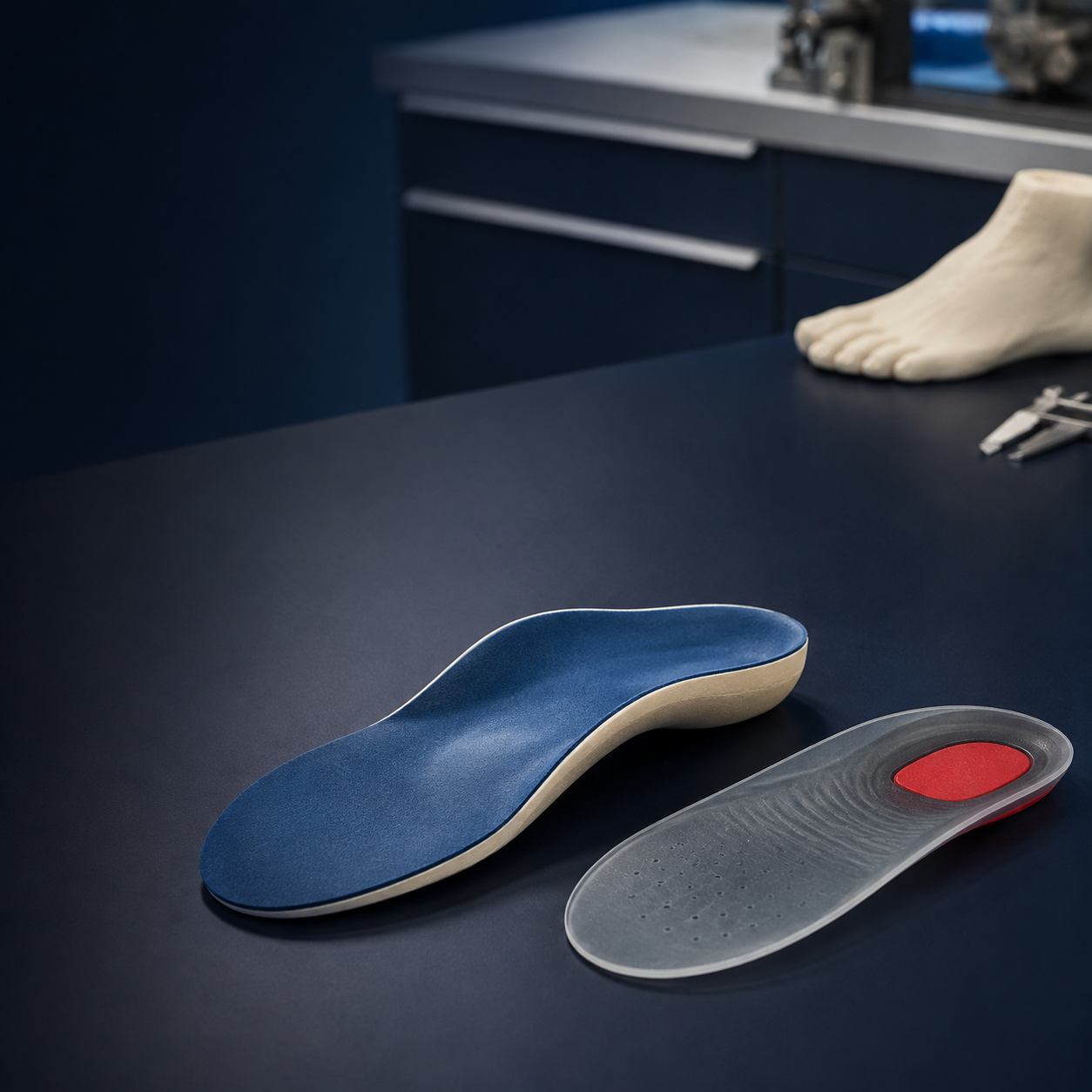 Custom and pre-made orthotic insoles on a clinical work surface.